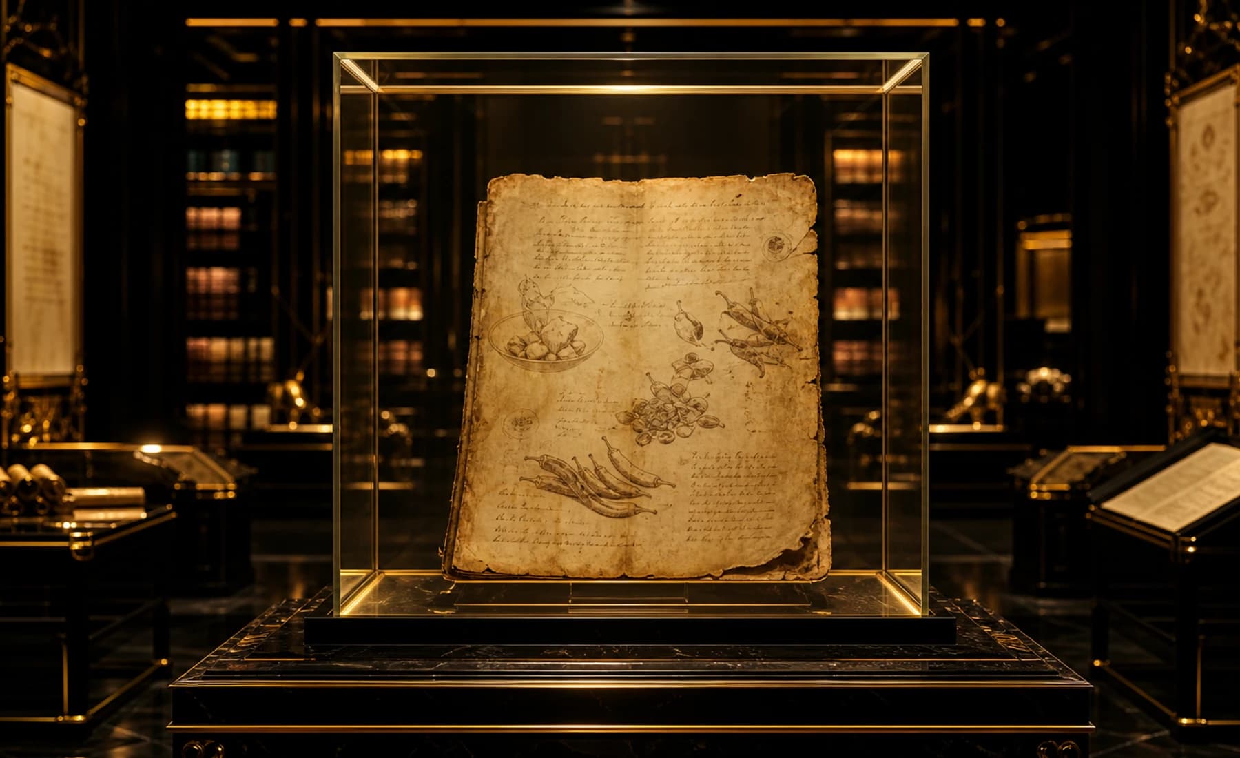 Obsidian museum library hall with a glowing 1876 culinary manuscript