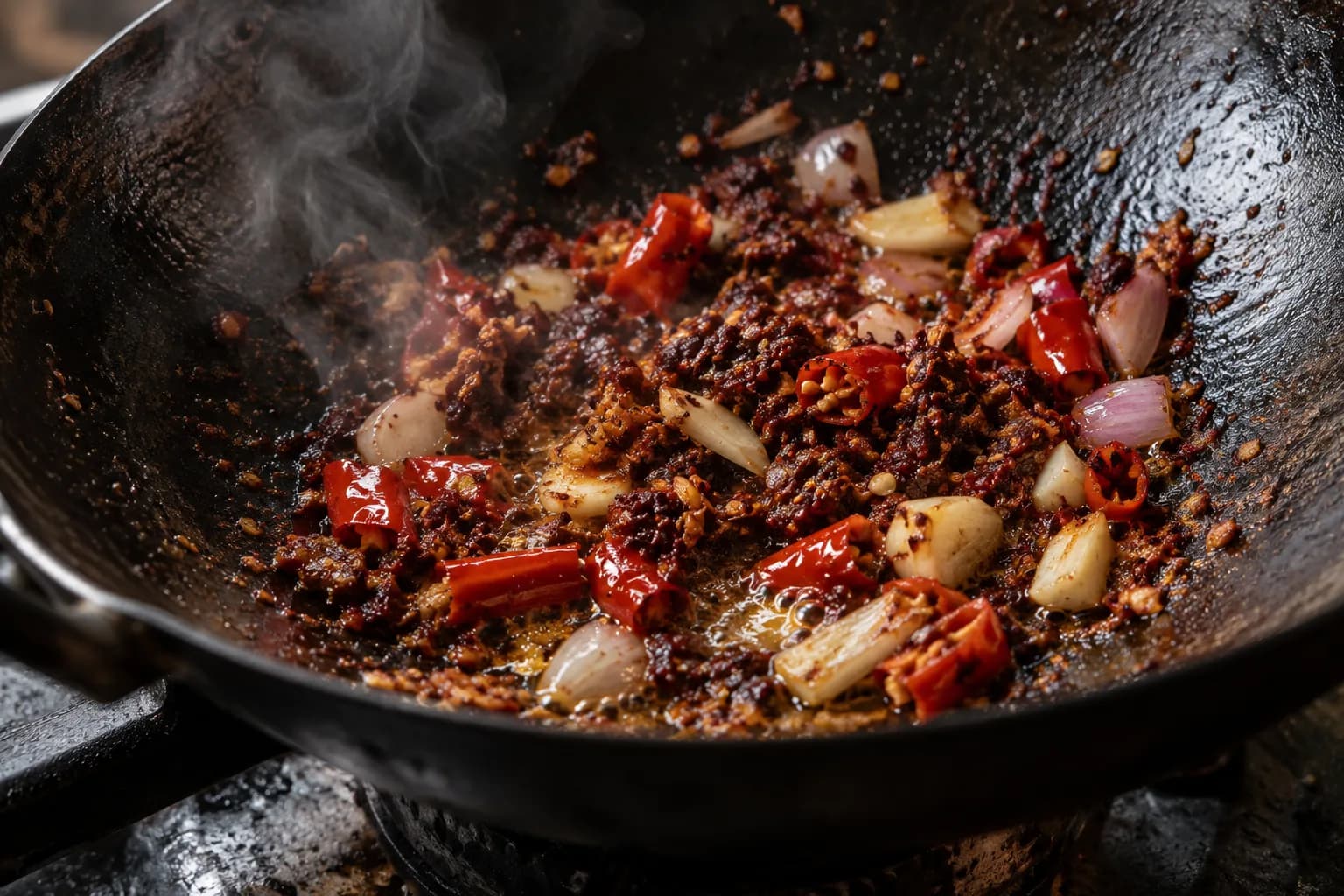 Textured fermented chile paste, fresh red chiles, garlic and shallots sizzling in a dark wok