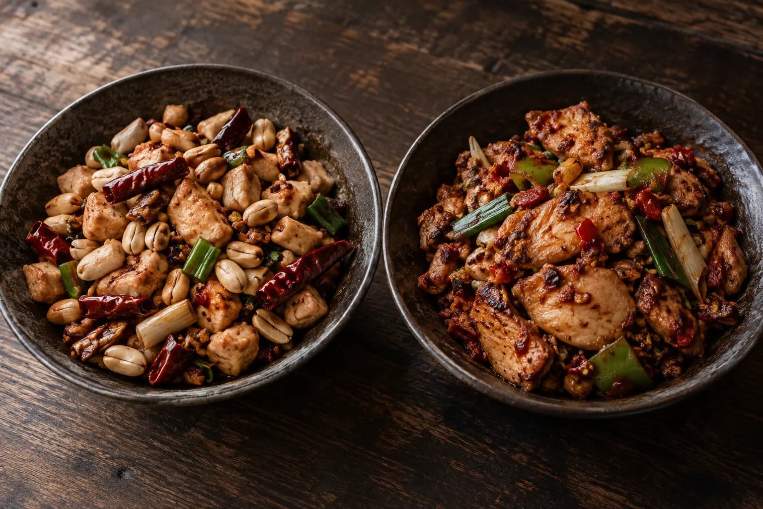 Two dark bowls with diced Kung Pao chicken and peanuts on the left and sliced Hunan-style chicken with chiles on the right