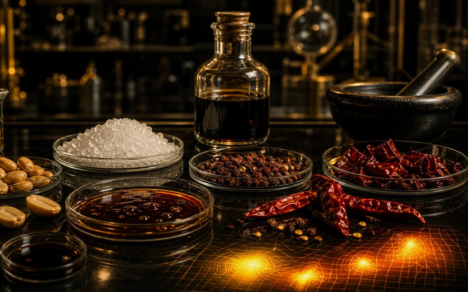 Kung Pao sauce analysis scene with glossy chicken, peanuts, chiles, and laboratory lighting