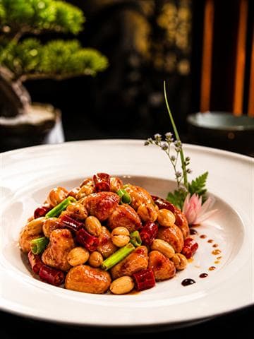 Curated Kung Pao Chicken sample emphasizing glossy sauce, red chile color, and crunchy garnish signals